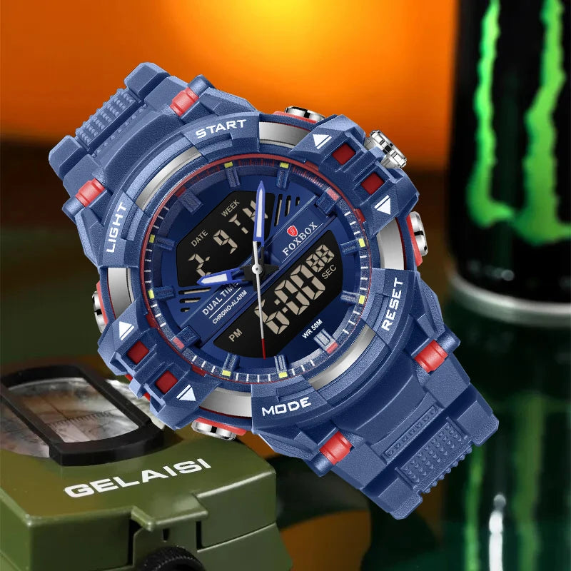 LIGE FOXBOX - Reloj electrónico deportivo informal de moda para hombre, con pantalla digital LED, resistente al agua hasta 50 m, alarma y fecha, con caja