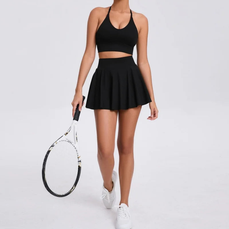 Conjunto de yoga para mujer, sujetador deportivo para exteriores, falda de tenis antiexposición, camiseta sin mangas de yoga transpirable de secado rápido, novedad de 2025