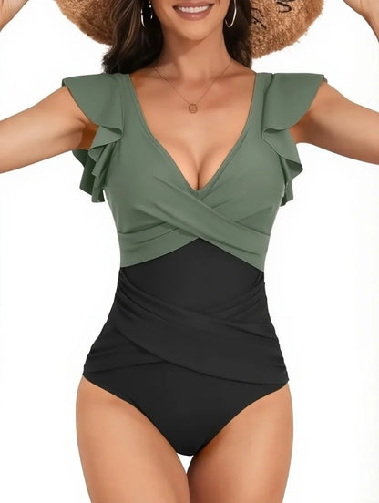 Traje de baño de una pieza para mujer con diseño cruzado y ribetes de hojas que cubren el vientre. Nuevo modelo de gran oferta de la temporada, procedente de China continental.