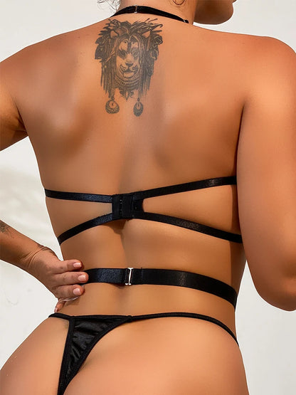 Conjunto de lencería sexy de 3 piezas con sujetador y tanga con lazo para mujer, conjunto de lencería sexy con ligas y perspectiva recortada.