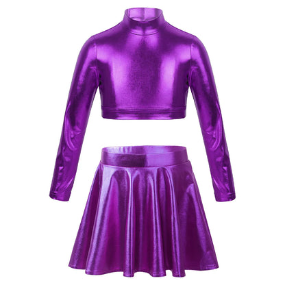Ropa para niños, blusas sin mangas metálicas para niñas, minifalda plisada acampanada, conjunto de 2 piezas para niños, ropa de baile