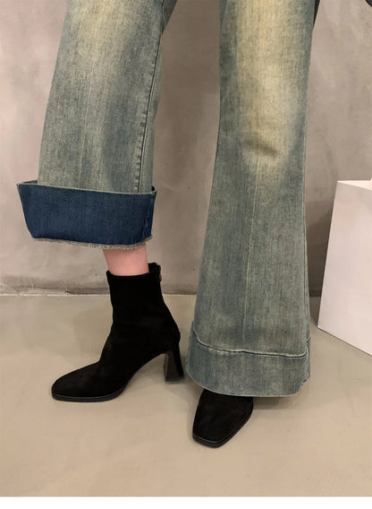 Vintage Women Ankle Boots 2024 Fashion Square Toe Thick High Shoes Autumn Winter New Ladies Elegant Stretch Slim Short Booties