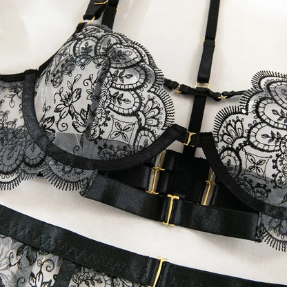 Tornova - Conjunto de ropa interior sexy con bordado de 5 piezas para mujer, de malla con retazos, transparente, con cuello halter y ligas, lencería sexy