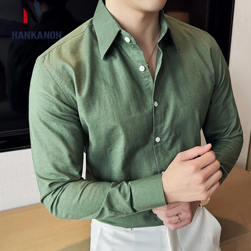 Camisa de hombre de color liso de alta calidad, 55 % algodón y 45 % lino, transpirable y con absorción de sudor, de manga larga. Tallas M-4XL.