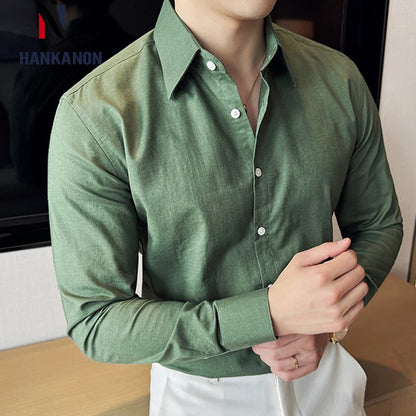 Camisa de hombre de color liso de alta calidad, 55 % algodón y 45 % lino, transpirable y con absorción de sudor, de manga larga. Tallas M-4XL.