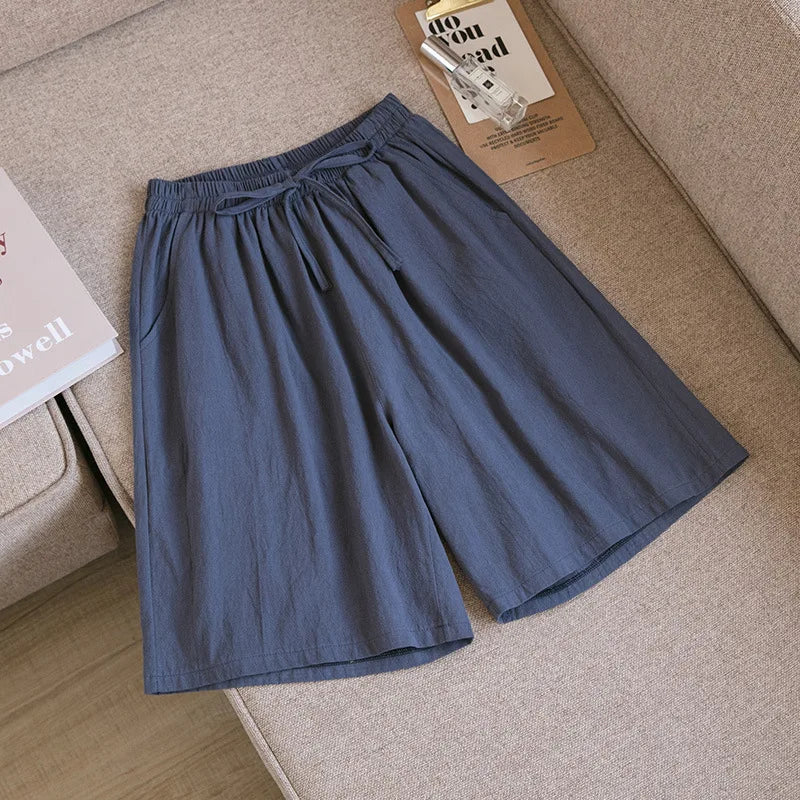 Pantalones cortos de algodón para mujer, informales, de verano, con dos bolsillos, de cintura alta, holgados, suaves y frescos.