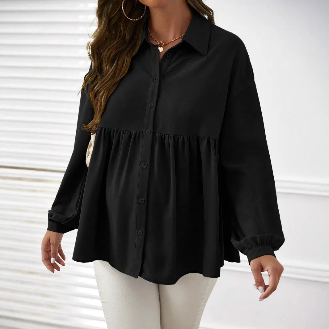 Ropa de maternidad, ropa para mujer, moda de primavera, camisas de color liso para embarazadas, blusa de manga larga con solapa y volantes