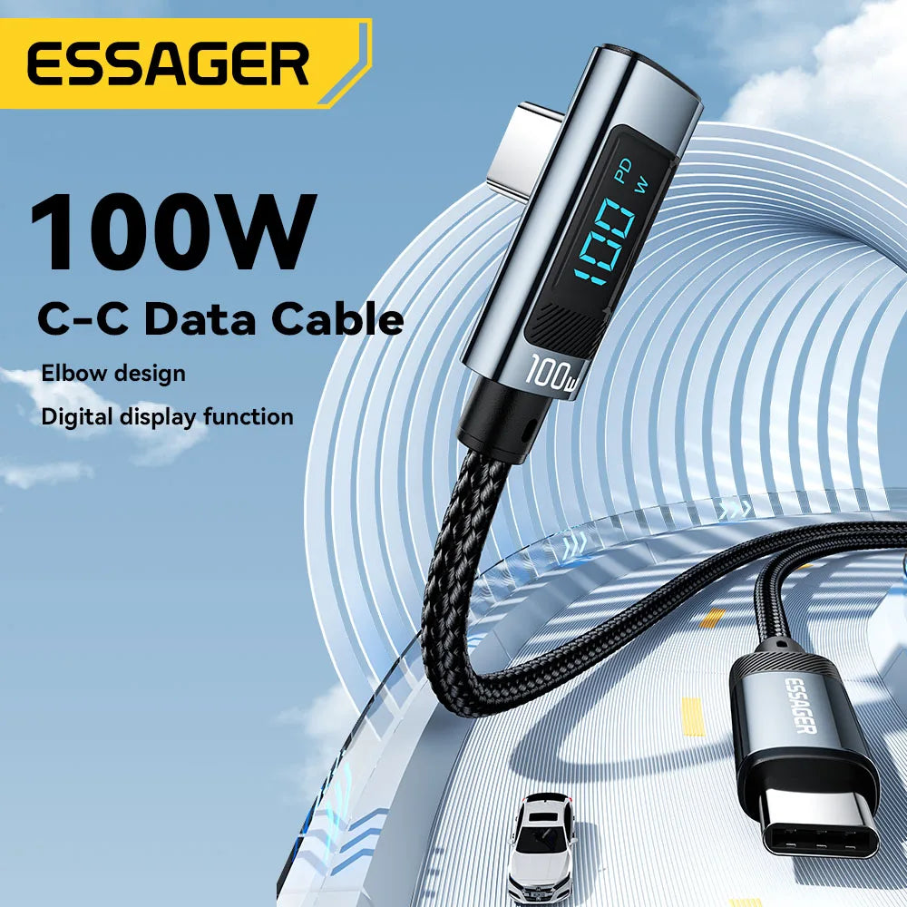 Cable USB C a tipo C Essager PD100W, cable de carga rápida con codo de 90 grados y pantalla para iPhone 15, Huawei, Samsung y MacBook Pro.