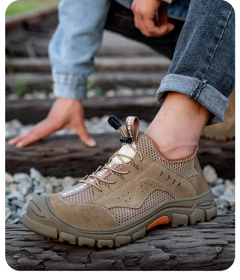Zapatos de seguridad de piel de vaca, transpirables, para hombre, con puntera de acero, resistentes a impactos, botas de trabajo, indestructibles, zapatillas de trabajo modernas.