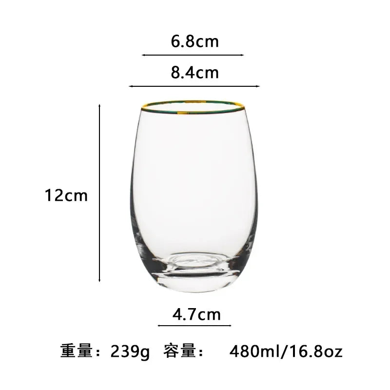 Vaso de agua redondo transparente de vidrio de alta calidad, colorido, con forma de huevo, resistente al calor, con borde dorado, para jugo, para uso doméstico.