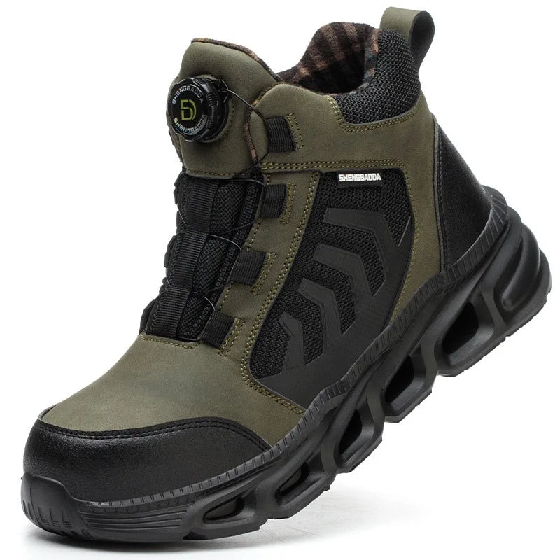 Zapatos de seguridad para hombre, de caña alta, universales para las cuatro estaciones, con hebilla giratoria antideslizante, puntera de acero, antiaplastamiento y antiperforación.