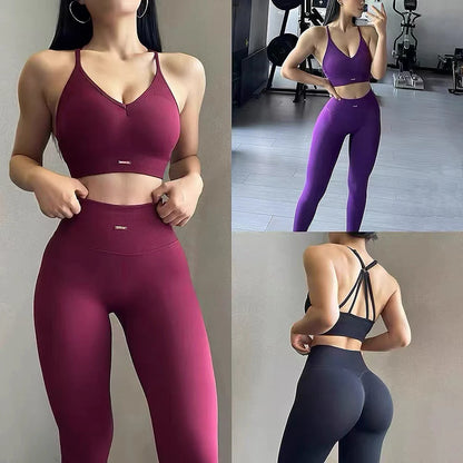 Traje de yoga sin costuras para levantamiento de cadera, sujetador deportivo para mujer, traje de yoga de secado rápido, leggings ajustados con alto contenido de grasa para gimnasio.