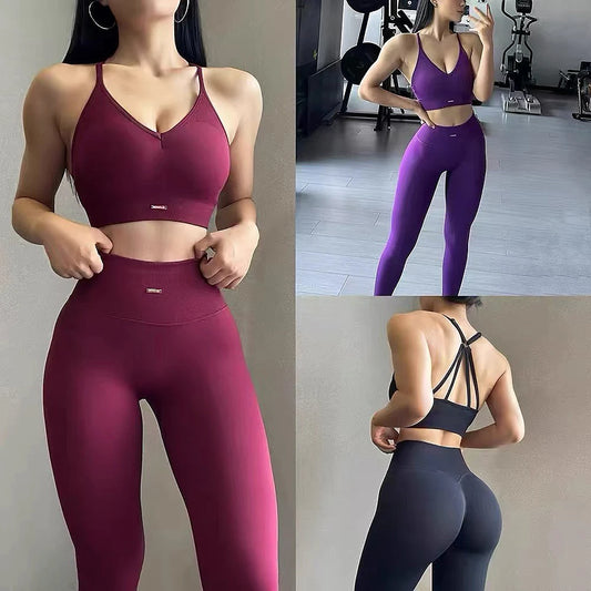 Traje de yoga sin costuras para levantamiento de cadera, sujetador deportivo para mujer, traje de yoga de secado rápido, leggings ajustados con alto contenido de grasa para gimnasio.