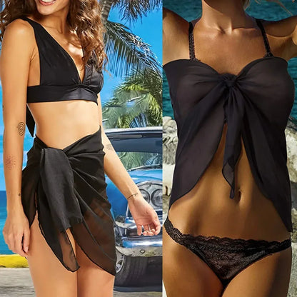 Traje de baño pareo corto de verano de gran tamaño de 50 x 180 cm, liso, para playa, bikini, falda de gasa transparente, bufanda, para playa