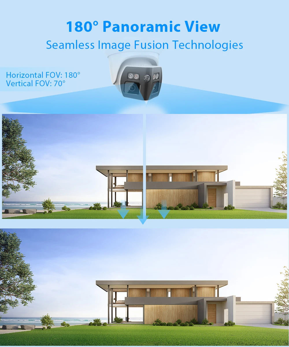 Cámara IP panorámica VIKYLIN compatible con Hikvision, 8 MP, 2 lentes, audio bidireccional, alarma MD2.0, videovigilancia exterior.