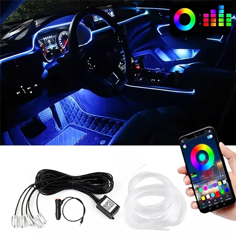 Tira de luz ambiental LED 5 en 1 para interior de coche, 6 m, fibra óptica, Nelon, kit de iluminación, control remoto por aplicación, lámpara decorativa para coche