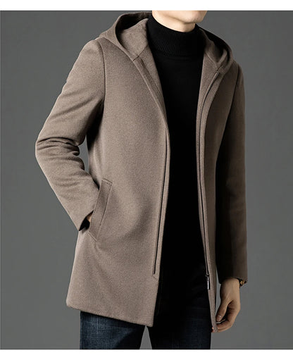 Abrigo largo de lana para hombre COMXZ, colección invierno 2025, gabardina de cachemir de diseño, chaqueta con capucha y forro de plumón de pato blanco, abrigo de lana de lujo