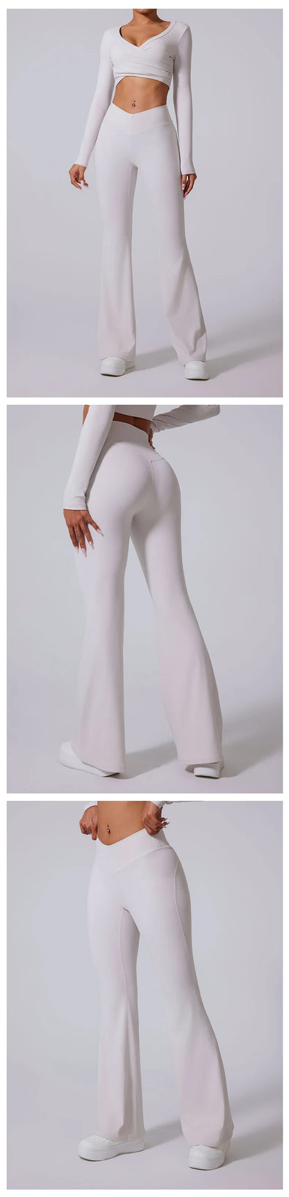 Conjunto de yoga para mujer: pantalones acampanados, ropa deportiva para gimnasio, top push-up de manga larga, estilo deportivo y sexy.