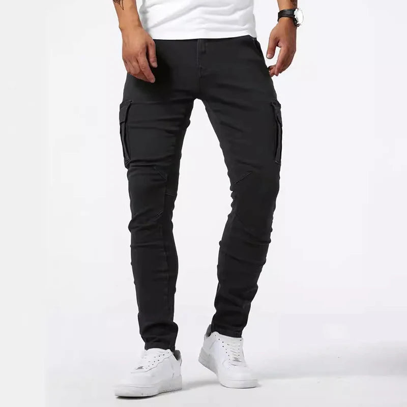 Pantalones vaqueros casuales de hombre, estilo lápiz, elásticos, con múltiples bolsillos, corte ajustado, estilo urbano, lavado liso, cintura media, estilo cargo.