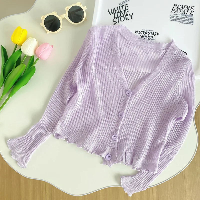 Ropa para niños, cárdigan de punto para niñas, novedad de verano 2025, estilo extranjero, camisa fina con protección solar para bebés.