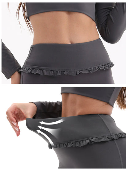 Conjunto de Yoga de 2 Piezas con Volantes para Mujer, Cintura Alta, Control de Abdomen, Pantalones Acampanados, Top de Manga Larga, Ropa Deportiva para Gimnasio, Correr, Clásico, Gris Oscuro