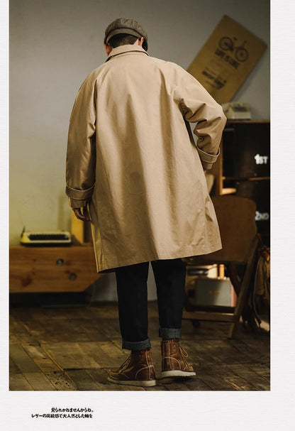 Retro American Sle Men's Long Coat Cotton Casual Faion Urban Youth Pure Color Button up Loose Fit Autumn Winter Coat