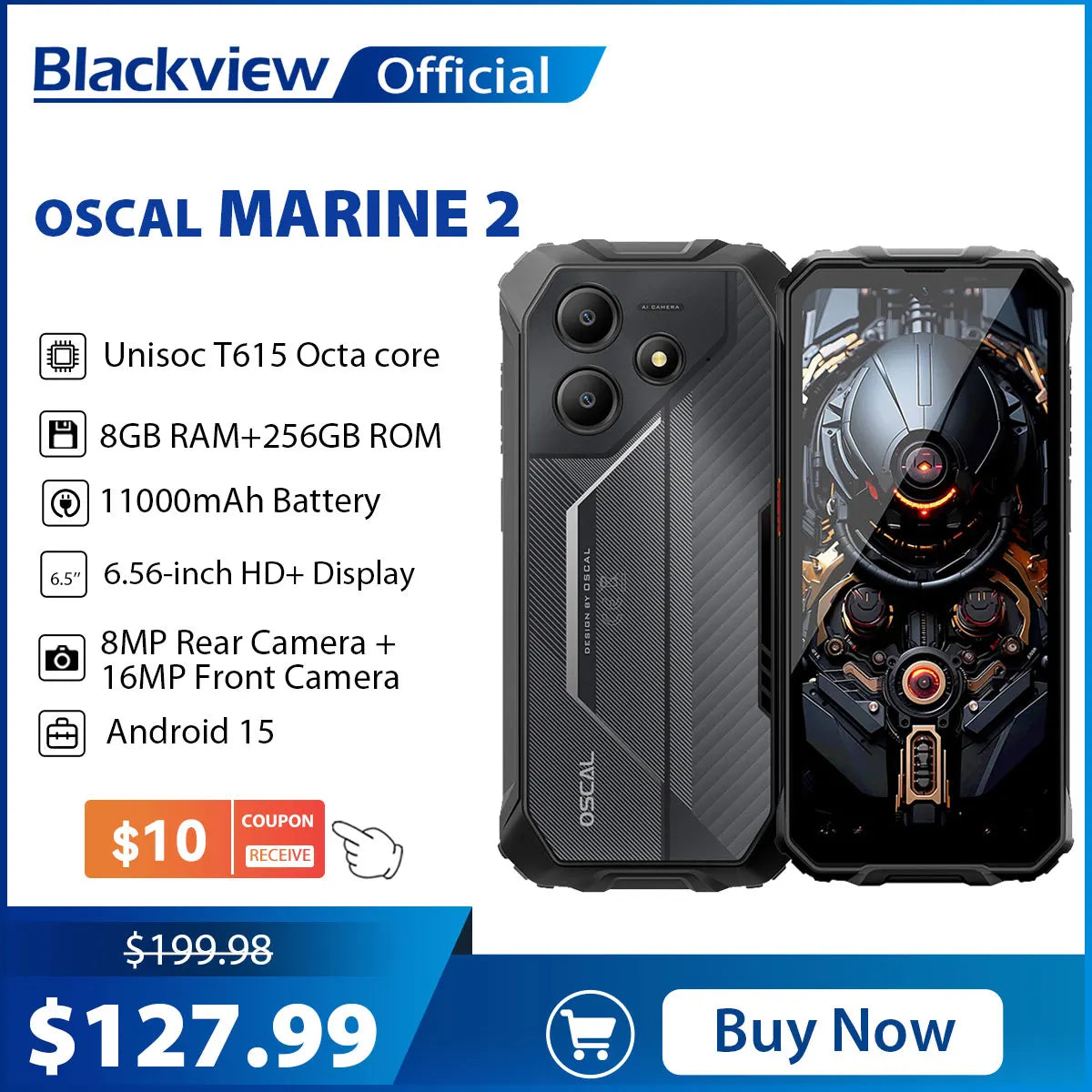 Teléfono resistente Blackview OSCAL Marine 2, 8 GB de RAM, 256 GB de almacenamiento, smartphone con IA, batería de 11000 mAh, pantalla HD+ de 6,56", procesador Unisoc T61, Android 15 y NFC.