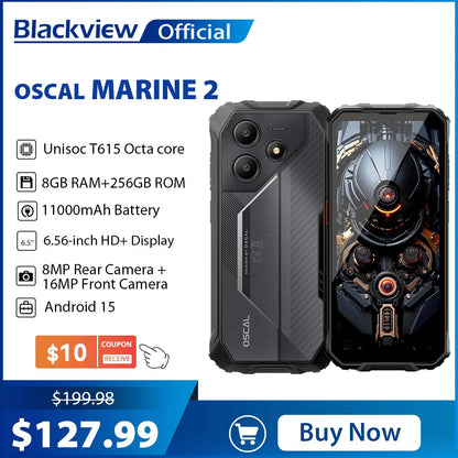 Teléfono resistente Blackview OSCAL Marine 2, 8 GB de RAM, 256 GB de almacenamiento, smartphone con IA, batería de 11000 mAh, pantalla HD+ de 6,56", procesador Unisoc T61, Android 15 y NFC.
