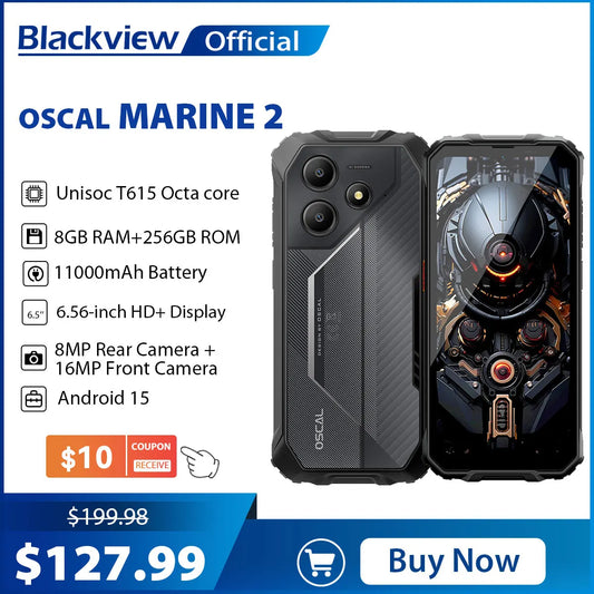Teléfono resistente Blackview OSCAL Marine 2, 8 GB de RAM, 256 GB de almacenamiento, smartphone con IA, batería de 11000 mAh, pantalla HD+ de 6,56", procesador Unisoc T61, Android 15 y NFC.