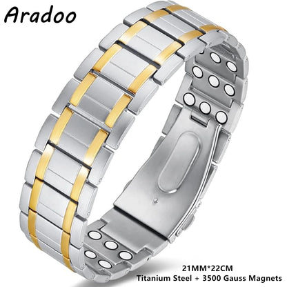 Pulseras clásicas de acero y titanio ARADOO con 3 imanes de neodimio ultrarresistentes, pulsera de eslabones de cobre para terapia magnética.