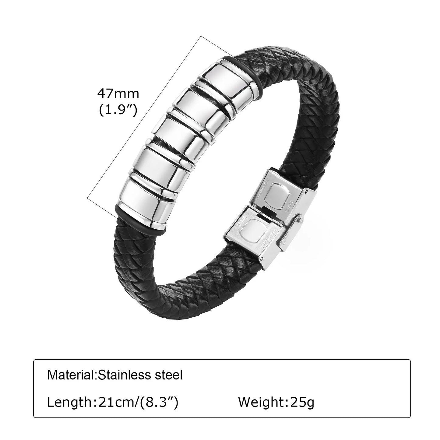 Pulseras trenzadas de cuentas personalizadas para hombre, de cuero, acero inoxidable, color negro y plateado, con nombre personalizado, regalo para un familiar.