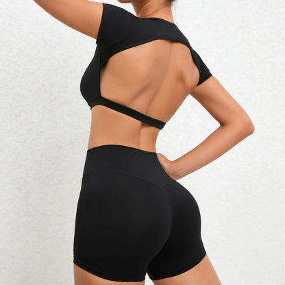 Conjuntos de yoga, conjuntos de entrenamiento para mujer, ropa de 2 piezas, trajes de gimnasio, deportes, mangas cortas, pantalones cortos de cintura alta, conjuntos de fitness para correr