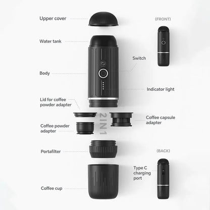 Cafetera portátil eléctrica para café expreso, compatible con cápsulas y café molido, cafetera 2 en 1 para senderismo.