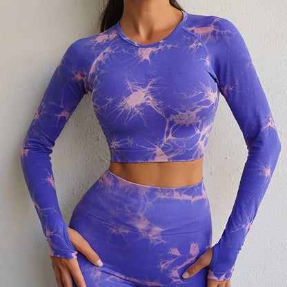 VEQKING - Ropa de yoga teñida para mujer, top corto de manga larga, pantalones de yoga de cintura alta, conjuntos deportivos, ropa de gimnasio de secado rápido