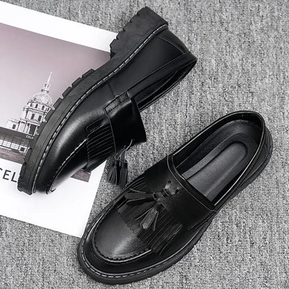Zapatos de vestir negros para hombre, con plataforma y cuña, sin cordones, informales, de cuero, estilo británico, para negocios, formales, para boda y fiesta, 2025