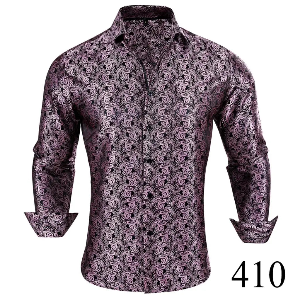 Camisas clásicas negras estampadas y bordadas para hombre, solapa de seda, manga larga, corte formal exquisito, ideales para eventos de negocios y fiestas. Barry.Wang CY-0407