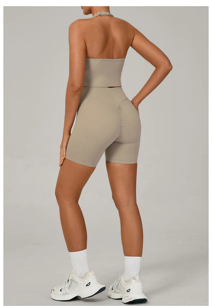 Ctenkevet - Conjunto de 2 piezas de sujetador halter sin espalda para mujer, ropa deportiva de secado rápido para gimnasio, conjunto deportivo femenino de dos piezas con pantalones cortos