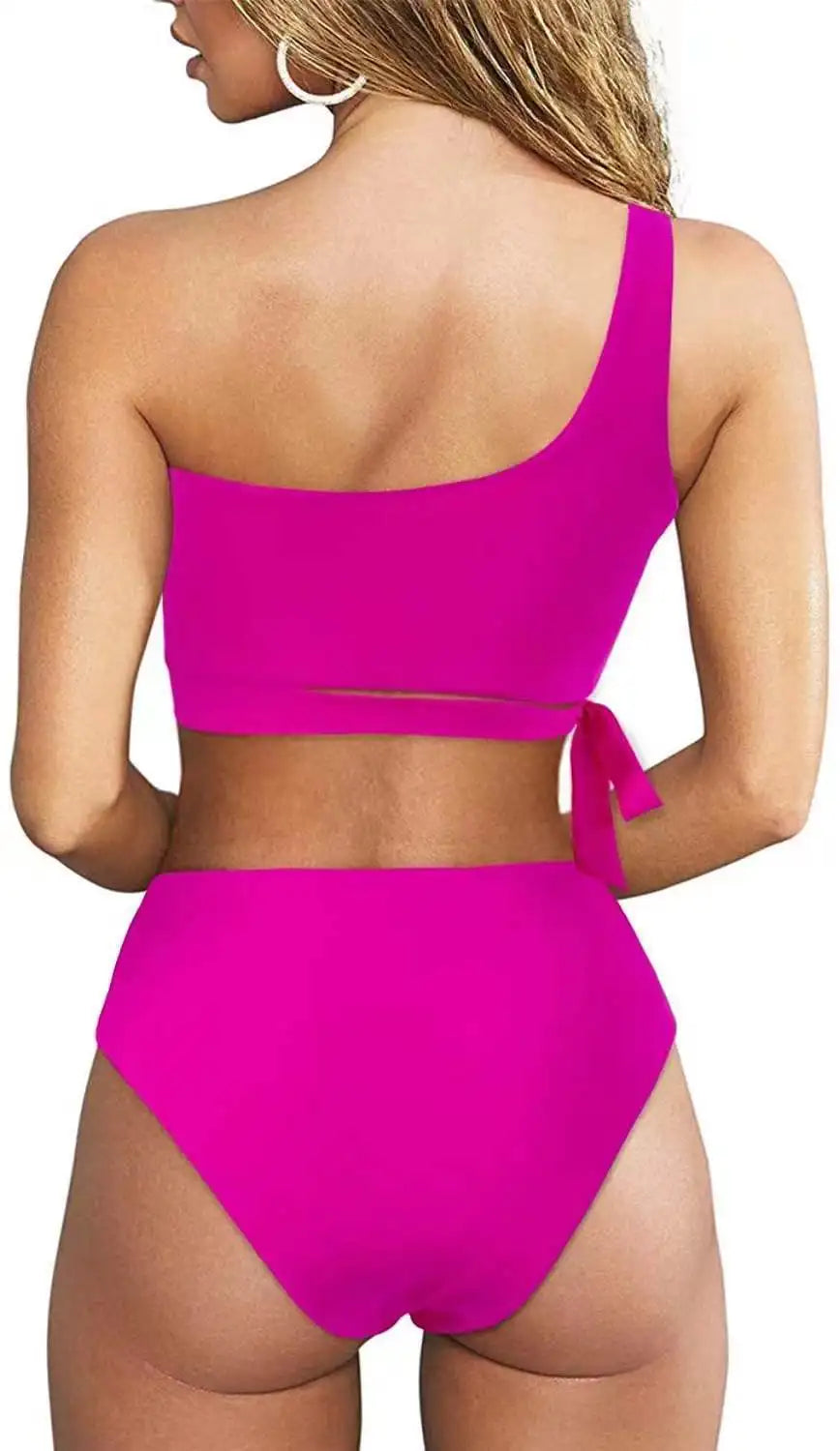 Bikini de un solo hombro para mujer, traje de baño dividido, color liso, traje de baño de playa de verano, traje de baño para mujer