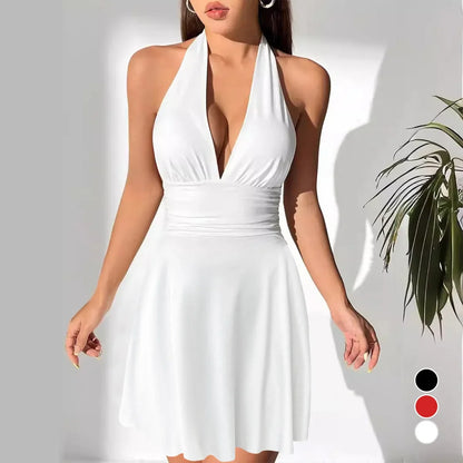 Vestido mini sexy para mujer, con espalda abierta, escote en V, ajustado, estilo europeo y americano, sin mangas, 2024
