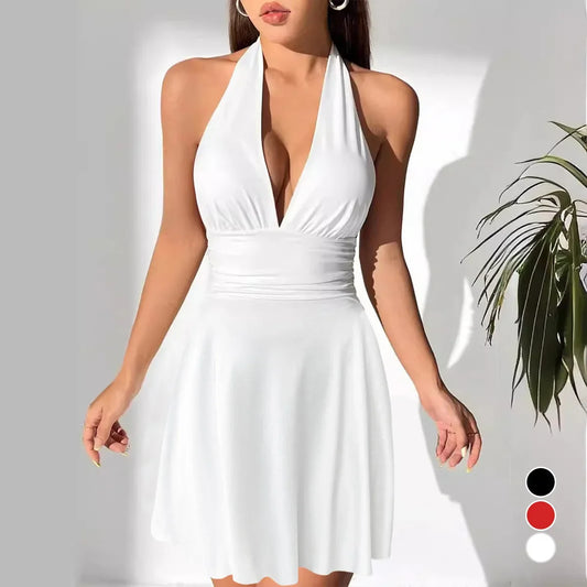 Vestido mini sexy para mujer, con espalda abierta, escote en V, ajustado, estilo europeo y americano, sin mangas, 2024