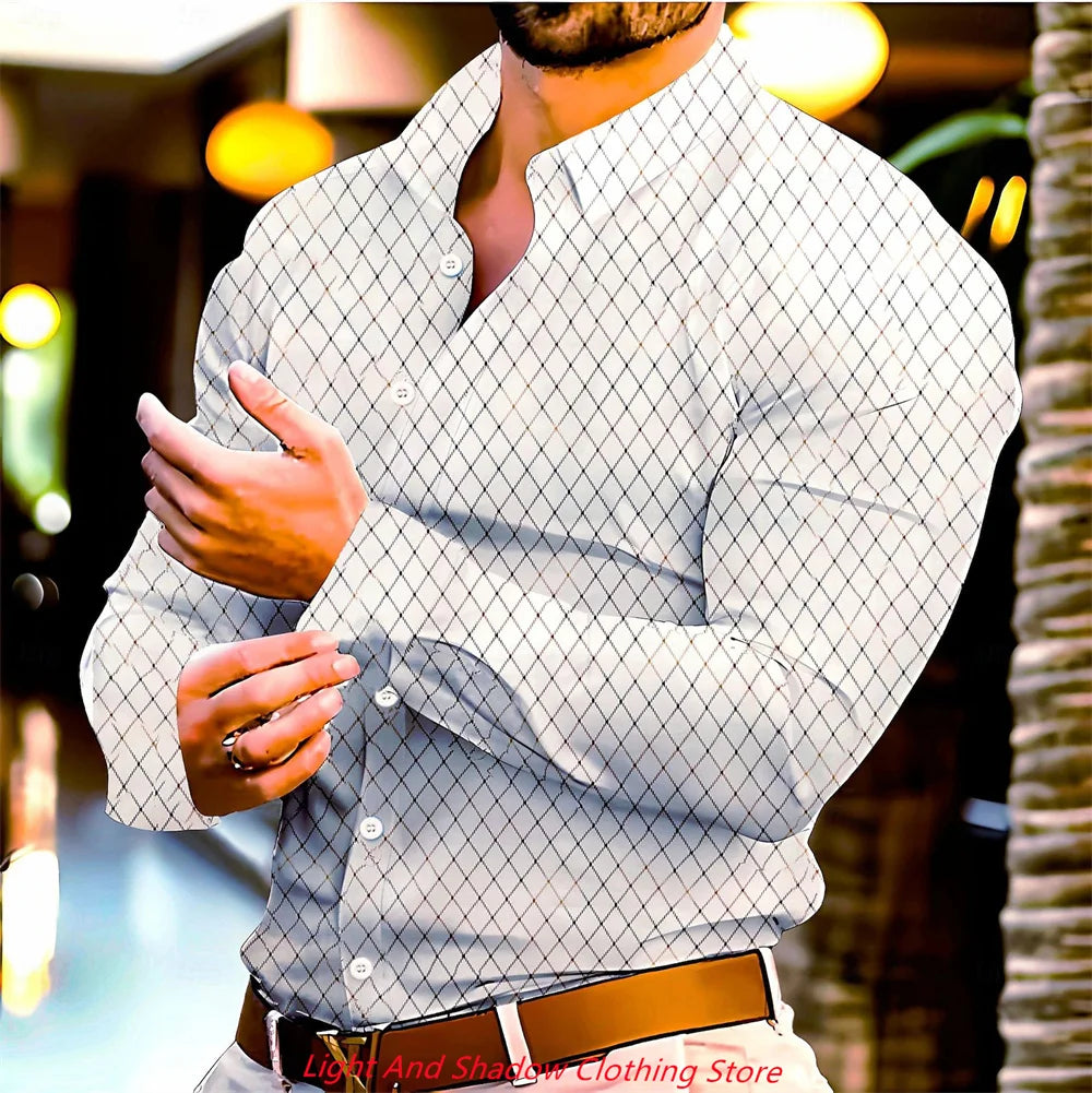 Camisa informal de hombre con estampado de cuadros, abotonada, ideal para vacaciones en Hawái. Manga larga, cuello alto, perfecta para primavera y otoño.
