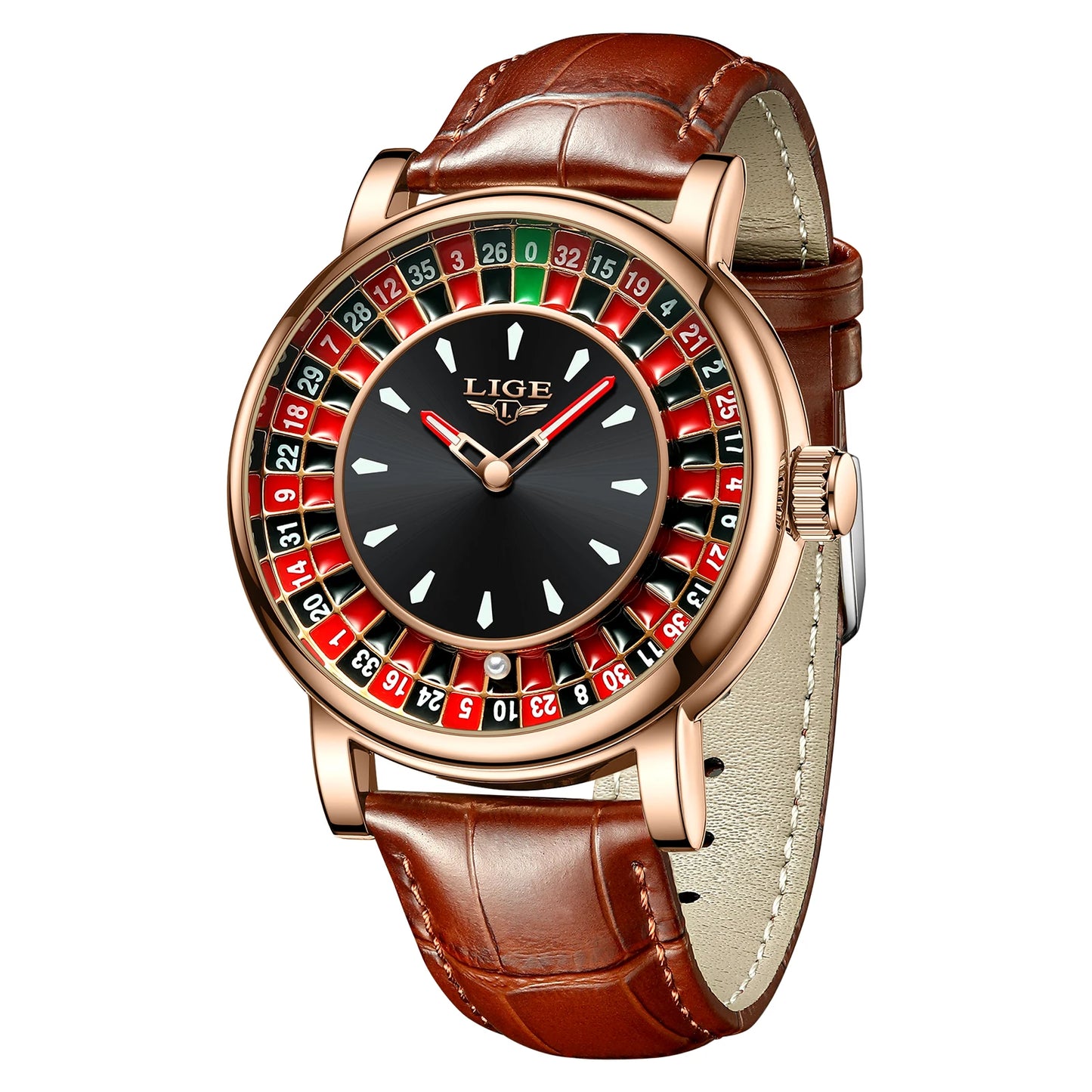 Reloj de Cuarzo LIGE para Hombre, Moda, Lujo, Diseño Creativo de Ruleta, Esfera de Juego, Correa de Cuero, Casual, Resistente al Agua, Regalo + Caja