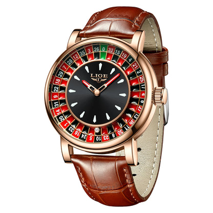 Reloj de Cuarzo LIGE para Hombre, Moda, Lujo, Diseño Creativo de Ruleta, Esfera de Juego, Correa de Cuero, Casual, Resistente al Agua, Regalo + Caja
