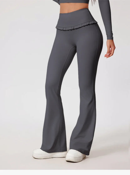 Conjunto de Yoga de 2 Piezas con Volantes para Mujer, Cintura Alta, Control de Abdomen, Pantalones Acampanados, Top de Manga Larga, Ropa Deportiva para Gimnasio, Correr, Clásico, Gris Oscuro