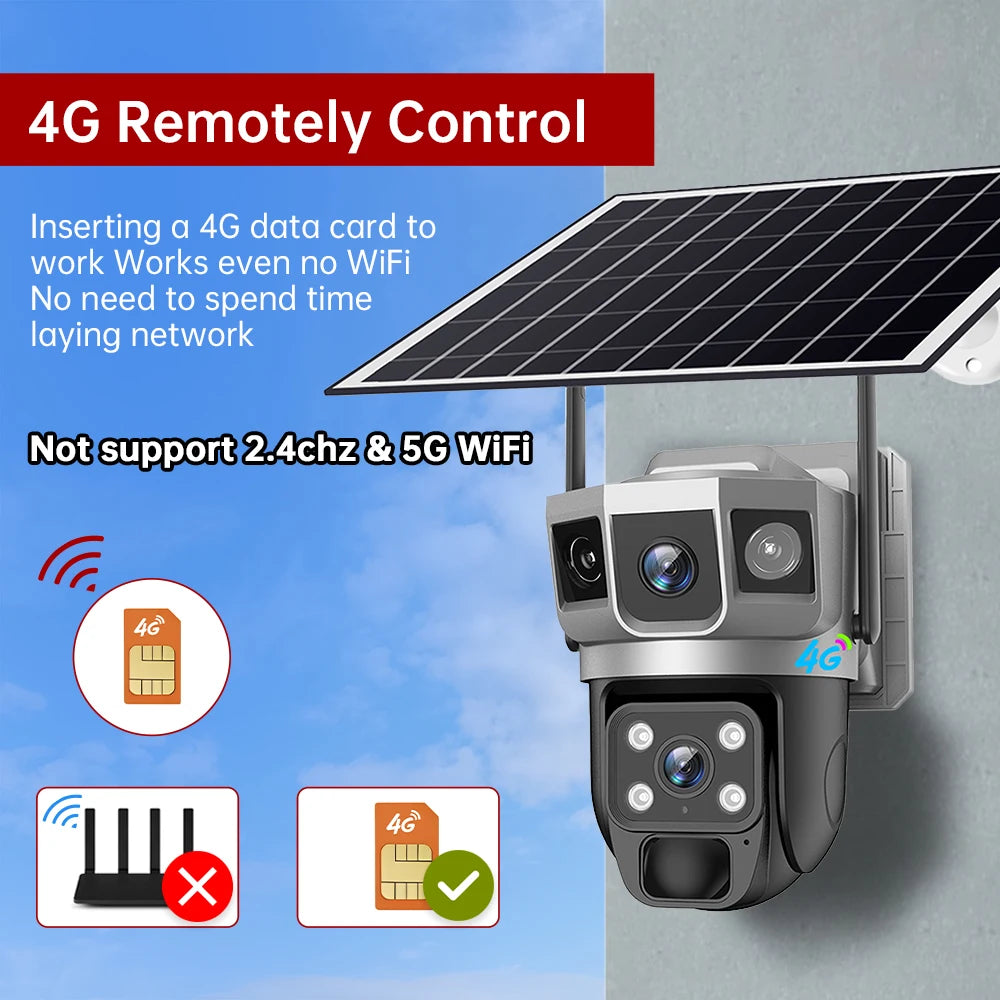 Cámara solar de 12 MP, tarjeta SIM 4G, doble lente, tres cámaras con pantalla, seguimiento humano PIR, batería de bajo consumo, protección de seguridad CCTV V380