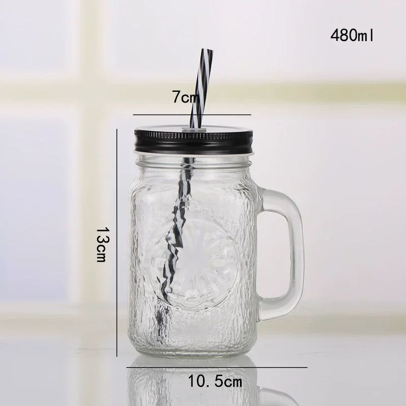 Jarra de vidrio de 480 ml, 500 ml y 16 oz con tapa de hierro y pajita de plástico, cuadrada, con degradado de color.