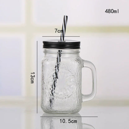 Jarra de vidrio de 480 ml, 500 ml y 16 oz con tapa de hierro y pajita de plástico, cuadrada, con degradado de color.