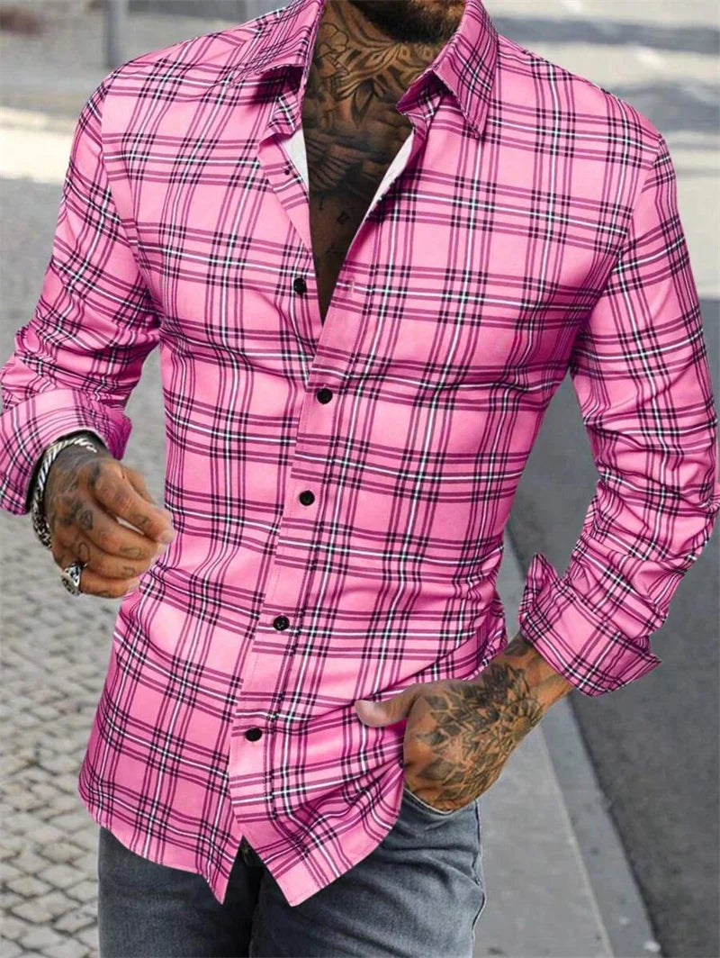 2025 new men's classic striped checkered long sleeved shirt men's classic pink casual fashion shirt top