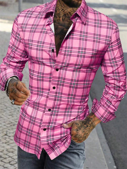 2025 new men's classic striped checkered long sleeved shirt men's classic pink casual fashion shirt top