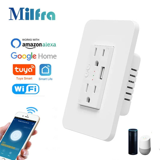 Enchufe inteligente Milfra Wifi de doble pared con toma de corriente estadounidense, puerto de carga USB, encendido/apagado, control remoto por voz mediante la aplicación Tuya Smart Life.